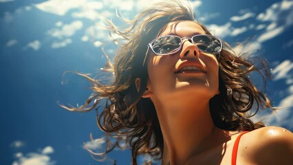 Beautiful woman in sunglasses on a sunny day at the beach. Face close-up