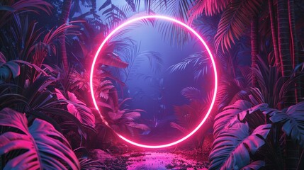 An illuminating neon circle amidst tropical leaves, set against the backdrop of a dark, blue jungle