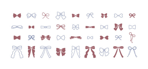 様々な形のかわいいリボン　シンプルお洒落な装飾イラストセット　紐　蝶結び　手描き　ガーリー　蝶ネクタイ