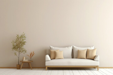 Picture a serene scene with a beige and Scandinavian sofa beside a white blank empty frame for copy...