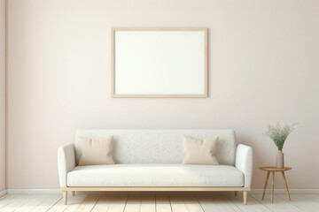 Fototapeta na wymiar Picture a serene scene with a beige and Scandinavian sofa beside a white blank empty frame for copy text, against a soft color wall background.