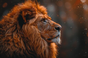 Obraz premium A stunning profile view of a majestic lion with a captivating gaze against a glowing evening sky