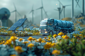 An electric truck with a glowing blue gas tank filled with green sourced hydrogen, against a backdrop of wind turbines and solar panels creating fantastical shapes.