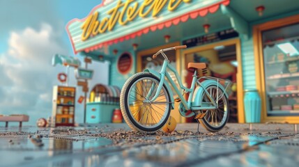 Beach cruiser 3d handmade style parked near a concession stand, colorful - obrazy, fototapety, plakaty