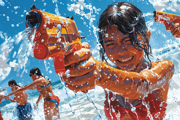 Child in a water gun battle during summer. High-energy childhood playtime concept for kids' activity posters and summertime fun advertising - obrazy, fototapety, plakaty