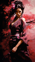 Fototapeta premium Delicate figure dances amidst a flurry of pink cherry blossoms in this captivating anime illustration