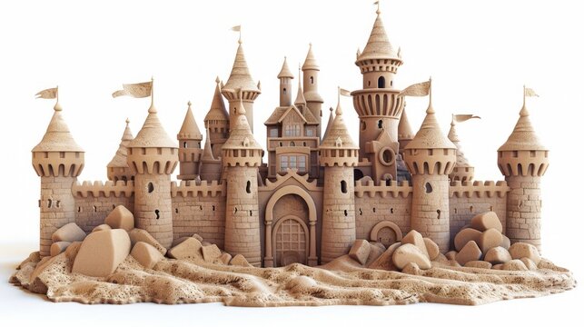 Sandcastle 3d clay style with turrets and flags