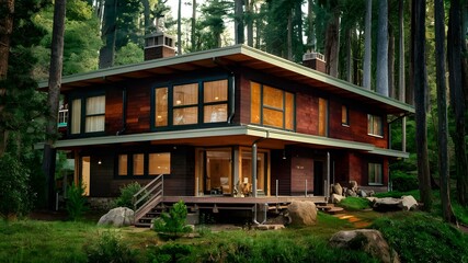 Modern Wooden Home with Efficient Aluminum Gutters. Concept Modern Home, Wooden Exterior, Aluminum Gutters, Efficient Design
