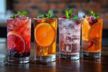 A neatly arranged line of diverse iced drinks embellished with fruit on a textured bar top in soft...