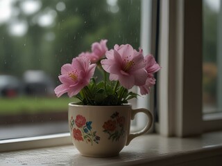 Radiant Raindrops: Captivating Flower Petals Adorn an Elegant Ceramic Mug by the Window