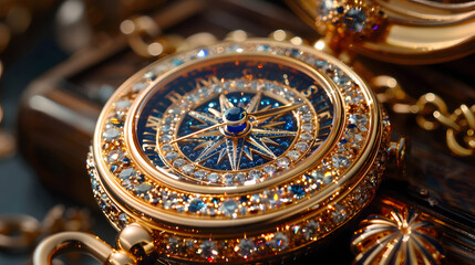 Fototapeta na wymiar a close-up of a gold compass with a circular design, encrusted with diamonds.
