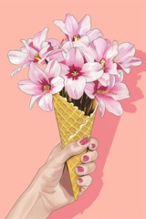 Woman's hand holding a waffle cone with pink flowers - spring fashion and creative expression - 780670151