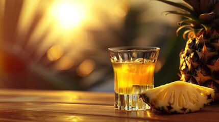 a beautiful and hyperrealistic visual to promote a a small shooter glass of rum flavored with pineapple - obrazy, fototapety, plakaty