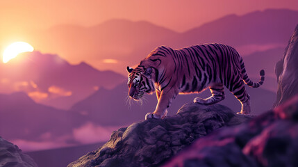 Fototapeta na wymiar Tigre no topo de uma montanha ao por do sol rosa