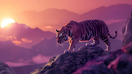 Foto op Canvas Tigre no topo de uma montanha ao por do sol rosa © Vitor