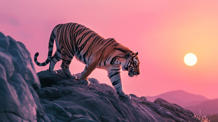 Tigre no topo de uma montanha ao por do sol rosa - obrazy, fototapety, plakaty