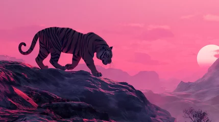 Rolgordijnen Tigre no topo de uma montanha ao por do sol rosa © Vitor