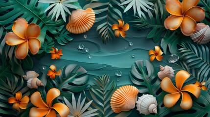 Seashell 3d handmade style framed by tropical foliage, colorful
