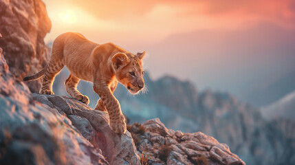 Filhote de leão no topo de uma montanha ao por do sol rosa - obrazy, fototapety, plakaty
