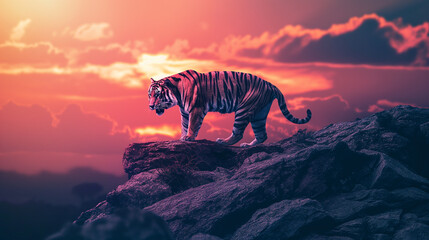 Tigre no topo de uma montanha ao por do sol rosa - obrazy, fototapety, plakaty