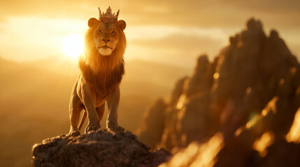 Leão no topo de uma montanha com uma coroa iluminada na cabeça 