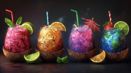 Beach cocktail 3d handmade style garnished with a paper umbrella, colorful