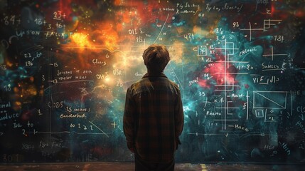A young man stands in front of a huge blackboard covered with mathematical formulas, - obrazy, fototapety, plakaty
