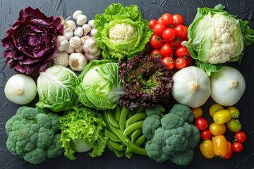 A top view of various healthy vegetables like tomatoes, garlic, and cauliflower neatly organized on a dark surface