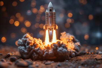 An awe-inspiring scene capturing a space shuttle's launch, surrounded by intense flames, smoke, and bokeh lights - obrazy, fototapety, plakaty