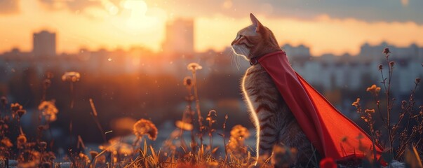 Action-packed scene of a cat in a summer cape, superhero pose, a cute superhero cat in action, 3D clay urban landscape at sunset - obrazy, fototapety, plakaty