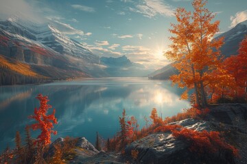 Breathtaking landscape of the Rocky Mountains at sunrise, Morning light cascades over a tranquil lake, flanked by fiery-hued foliage on rugged terrain, reflecting a sense of peaceful solitude.