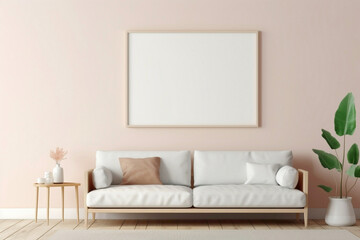 Picture a minimalist arrangement featuring a beige and Scandinavian sofa accompanied by a white blank empty frame for copy text, against a soft color wall background.