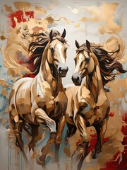 Golden Gallop abstract art horses wallpaper with decorative brush strokes