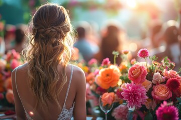 pretty young woman attending wedding party, the place decorated with flower bouquet, wedding ceremony theme concept, Generative Ai