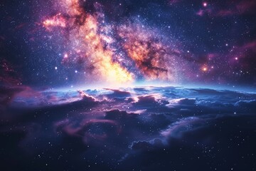 A cosmic masterpiece highlighting the awe-inspiring scenery of the galaxy with bright celestial bodies and cloud formations