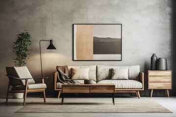 Picture a chic living room featuring wooden furniture against a textured concrete wall. A vacant...
