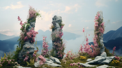 Surreal landscapes where vibrant flowers entwine with towering mountain peaks - obrazy, fototapety, plakaty