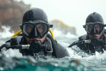 Two scuba divers facing harsh ocean waves, representing the struggle against natural elements - obrazy, fototapety, plakaty