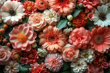 Top view of a vibrant collection of artificial flowers in various colors and shapes - obrazy, fototapety, plakaty