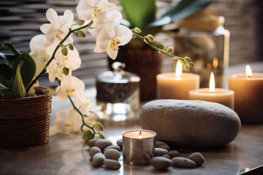 Elegant luxury spa area in a spa center in soft colors, with softly lit candles around and flowers and plants nearby	
