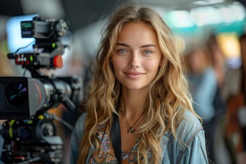 A cheerful woman poses with a camera in the background, hinting at a media or entertainment setting - obrazy, fototapety, plakaty