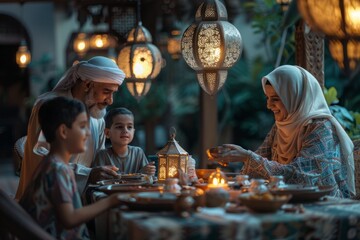 Happy Muslim family in the glow of beautiful antique lamps and burning candles at a rich table during the celebration of Ramadan Iftar.