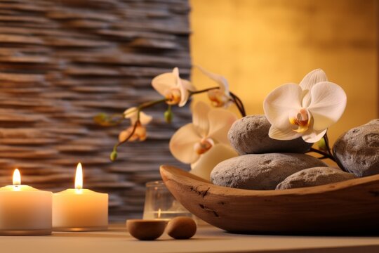 Elegant luxury spa area in a spa center in soft colors, with softly lit candles around and flowers and plants nearby	
