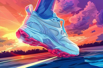 An energized cartoon sneaker in mid-run, captured on a track field with a vibrant sunset backdrop, symbolizing activity and energy