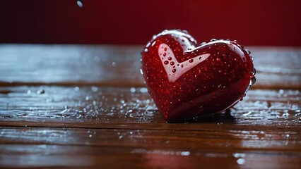 a red heart sitting on top of a wooden table covered in drops of water and flecks of red glitter