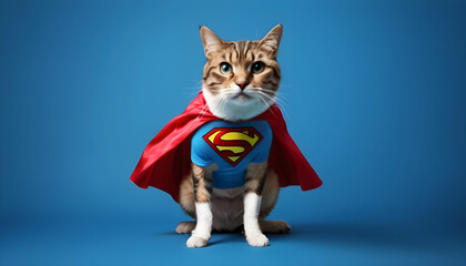 cat with a superhero mask and cape on a blue backg 