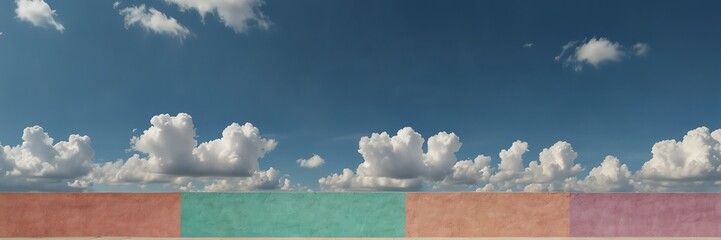 plain light colorful pastel concrete wall background with white puffy clouds panoramic wide angle view from Generative AI