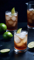 Fototapeta premium Dark and stormy cocktail with lime in glasses, ginger root, on table, nordic living room, modern, smokeless, dark atmosphere, low dop. generated with AI
