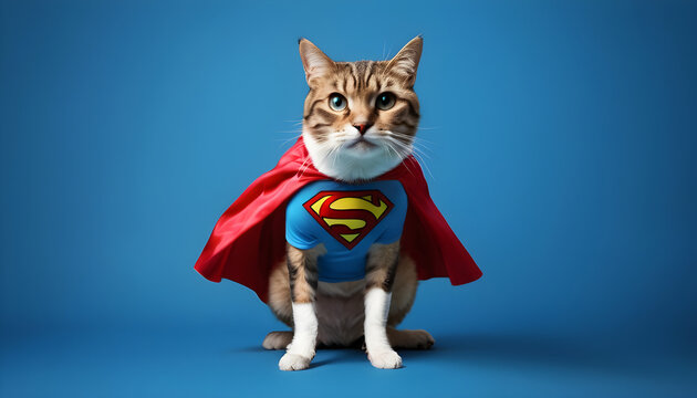 cat with a superhero mask and cape on a blue backg 