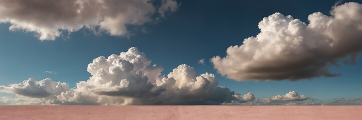 plain light pink pastel concrete wall background with white puffy clouds panoramic wide angle view...